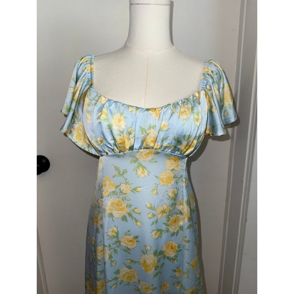 Altar'd State Blue Yellow Floral Satin Midi Dress Tie Back Cutout Small NWT - Picture 3 of 6